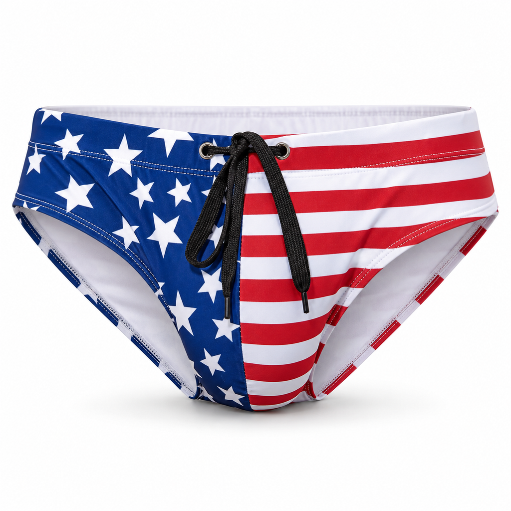 USA Flag swim briefs with the pattern and drawstring, displayed alone on a white background.