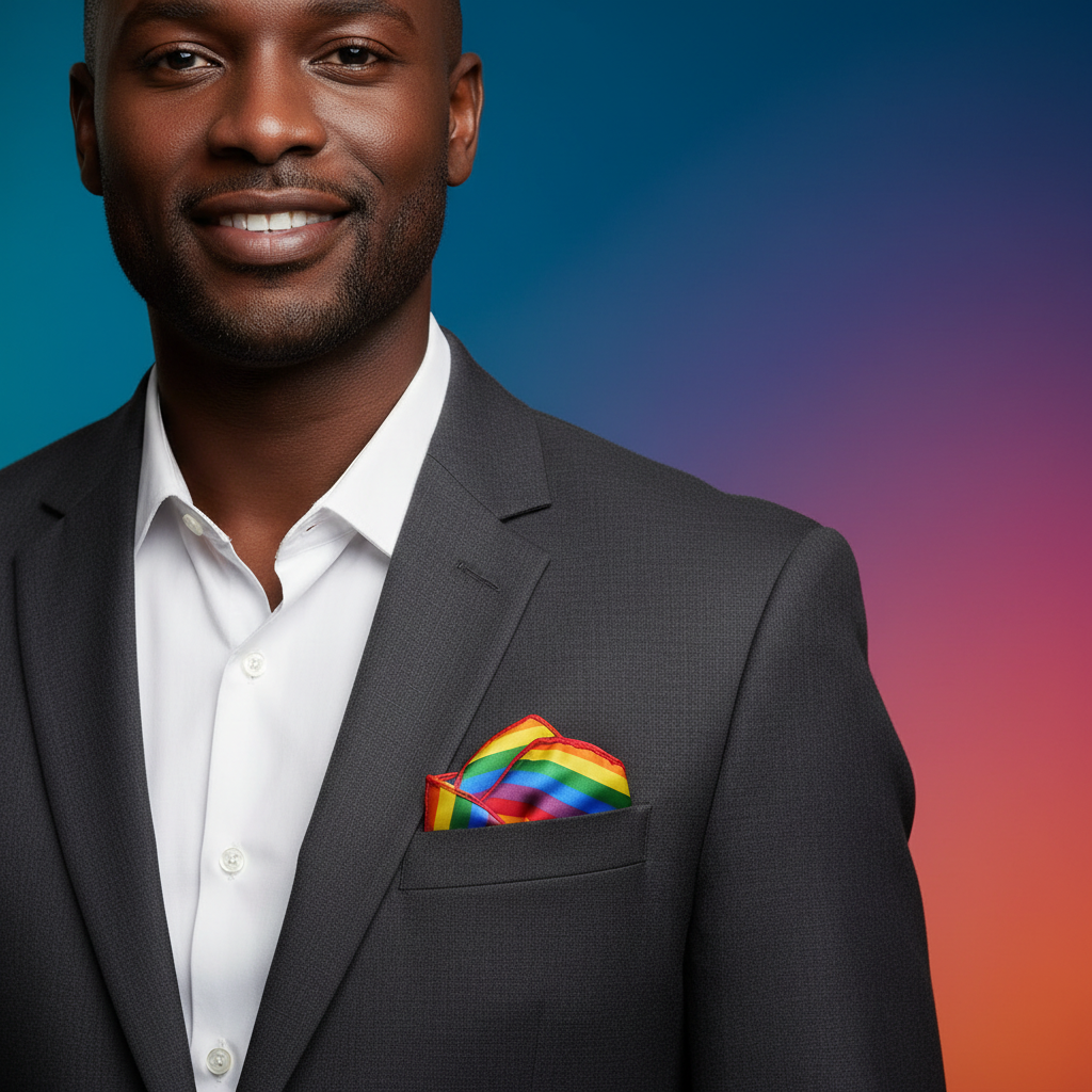Close-up of a person in a dark suit wearing a rainbow-striped pocket square