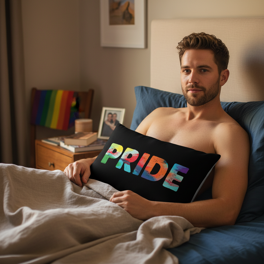 A shirtless person sits in bed holding a Pride Premium Pillow with “PRIDE” in rainbow colors