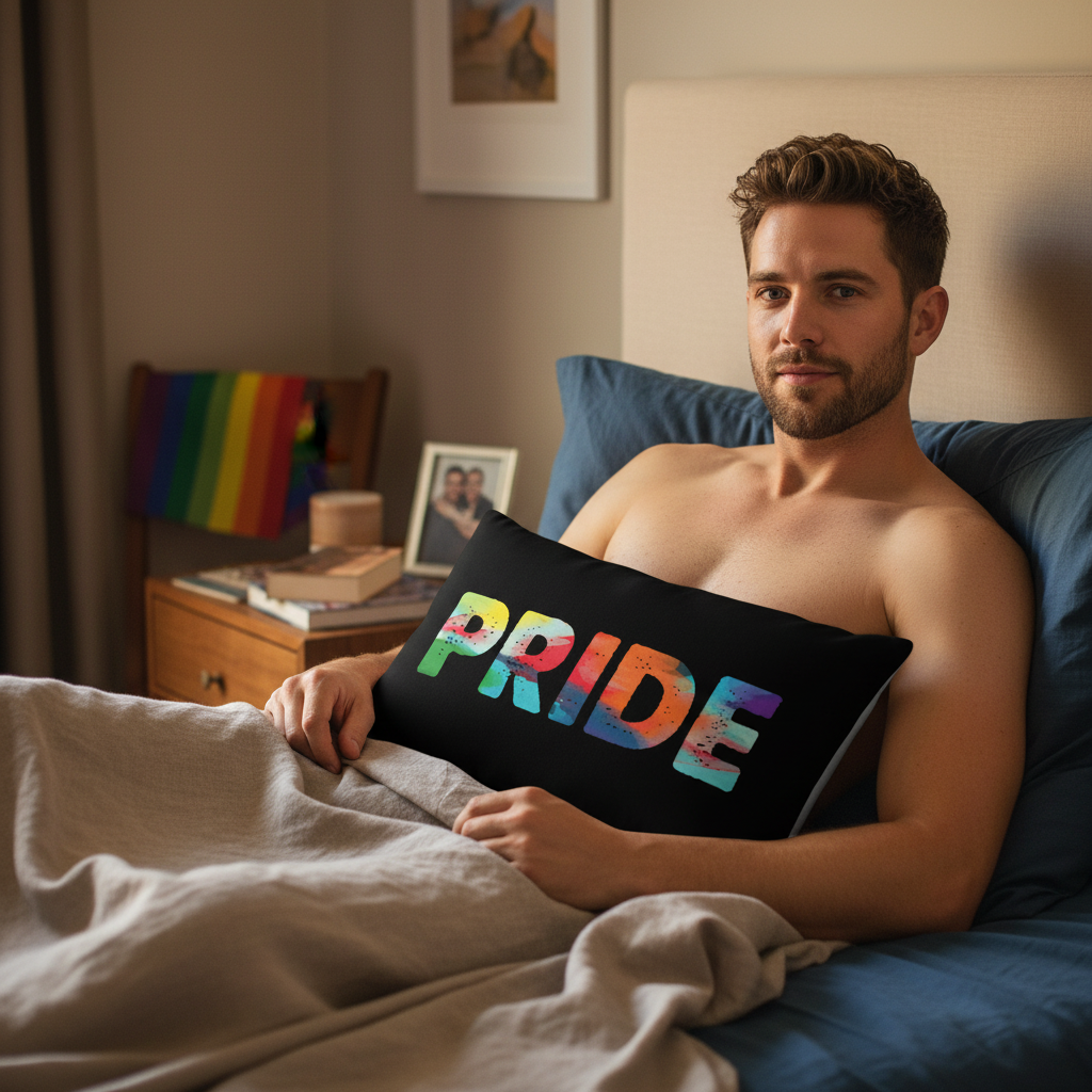 A shirtless person sits in bed holding a Pride Premium Pillow with “PRIDE” in rainbow colors