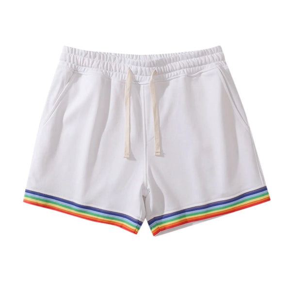Front view of white shorts with rainbow-striped cuffs, elastic waist, pockets, and drawstring