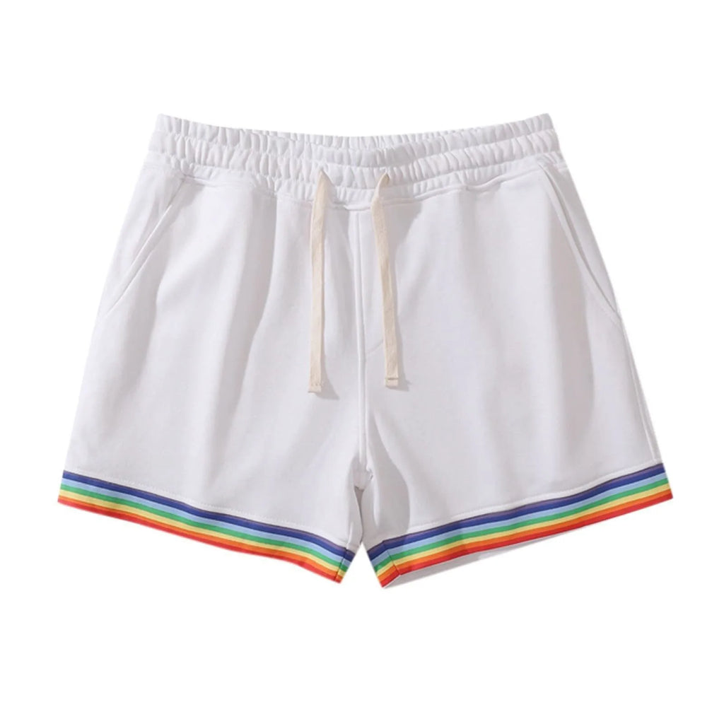 Front view of white shorts with rainbow-striped cuffs, elastic waist, pockets, and drawstring
