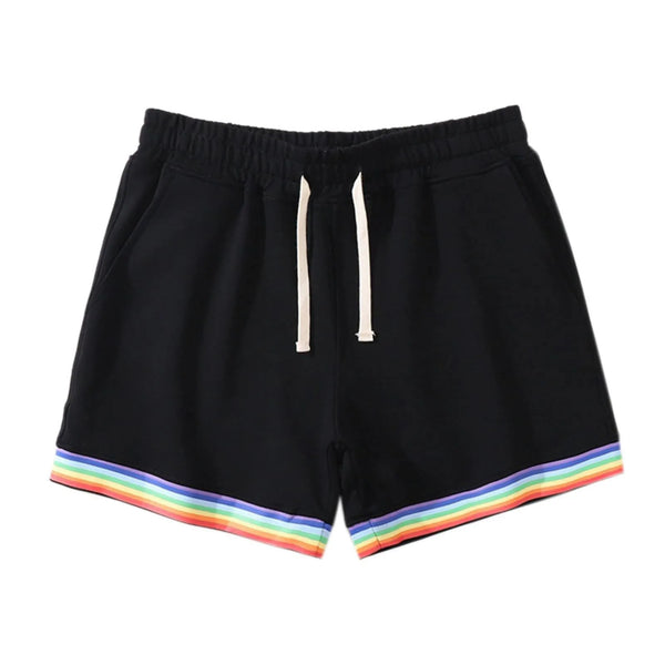 Front view of black shorts with white drawstrings and rainbow-striped hems