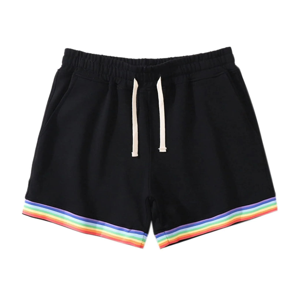 Front view of black shorts with white drawstrings and rainbow-striped hems