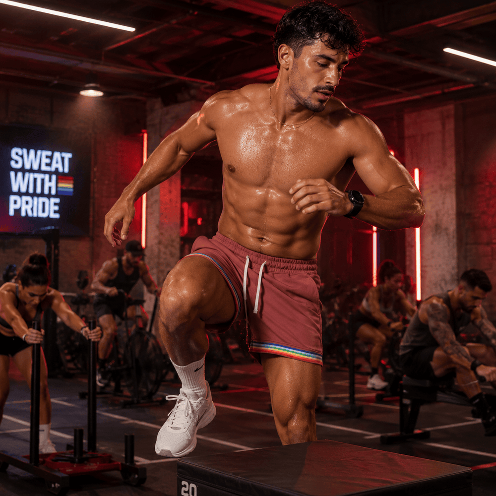 Shirtless person exercising in pink shorts with rainbow trim and white drawstring