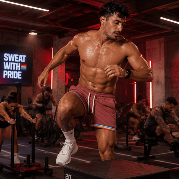 Shirtless person exercising in pink shorts with rainbow trim and white drawstring