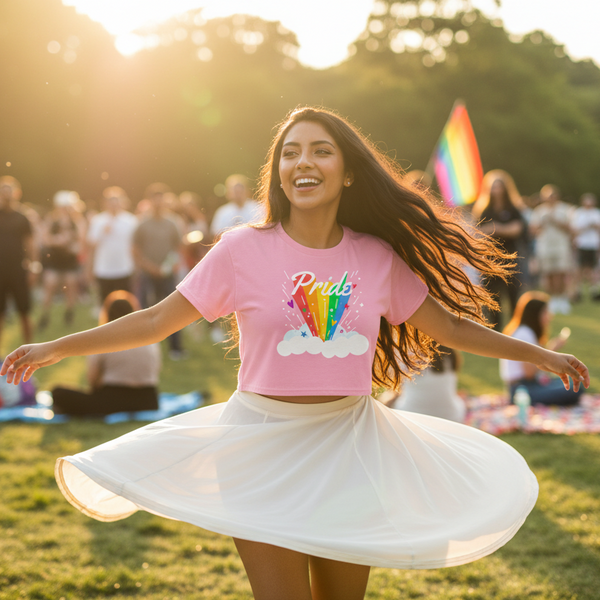 A person joyfully twirls in a pink Pride Rainbow Crop Top at a vibrant festival