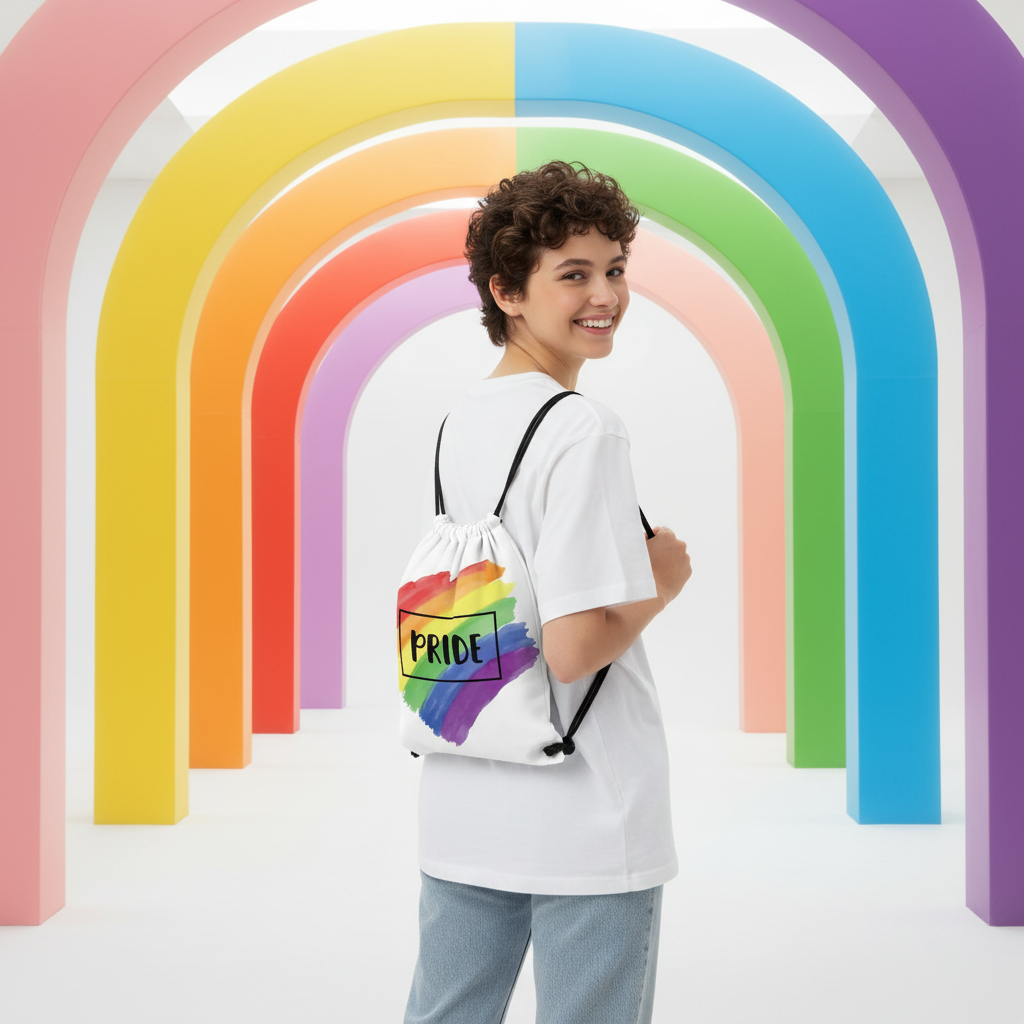 Pride Rainbow Drawstring Bag with a rainbow heart and “PRIDE,” slung by a person in jeans under rainbow arches, beaming