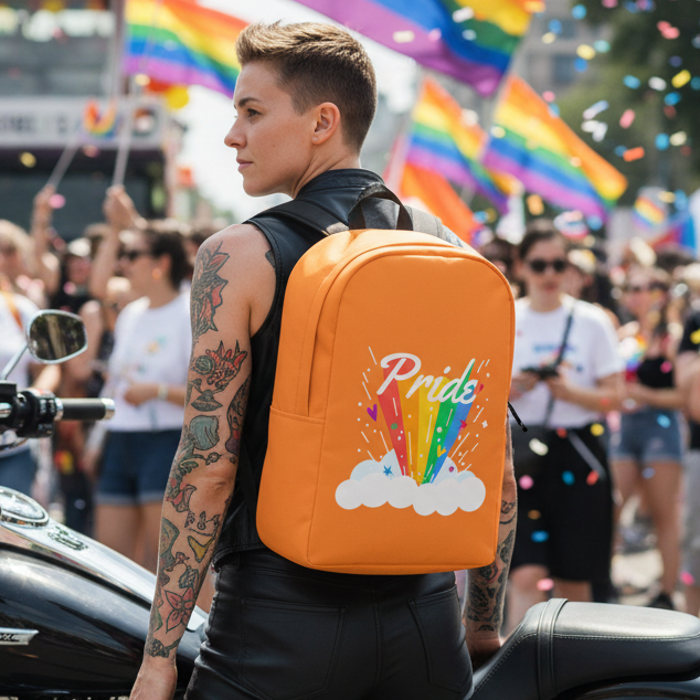 Orange Pride Rainbow Minimalist Backpack with rainbow graphics worn by tattooed