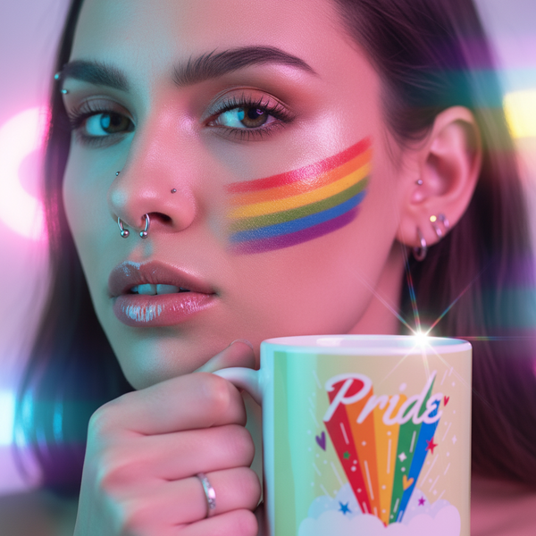 Close-up model holds a colorful Pride mug with rainbow rays and “Pride” lettering
