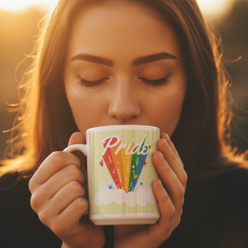 Close-up of a person holding a Pride mug with a rainbow and clouds