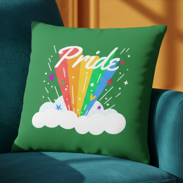 Pride Rainbow Pillow with “Pride” above rainbow beams, clouds, hearts, and stars on a teal chair in bright sunlight.