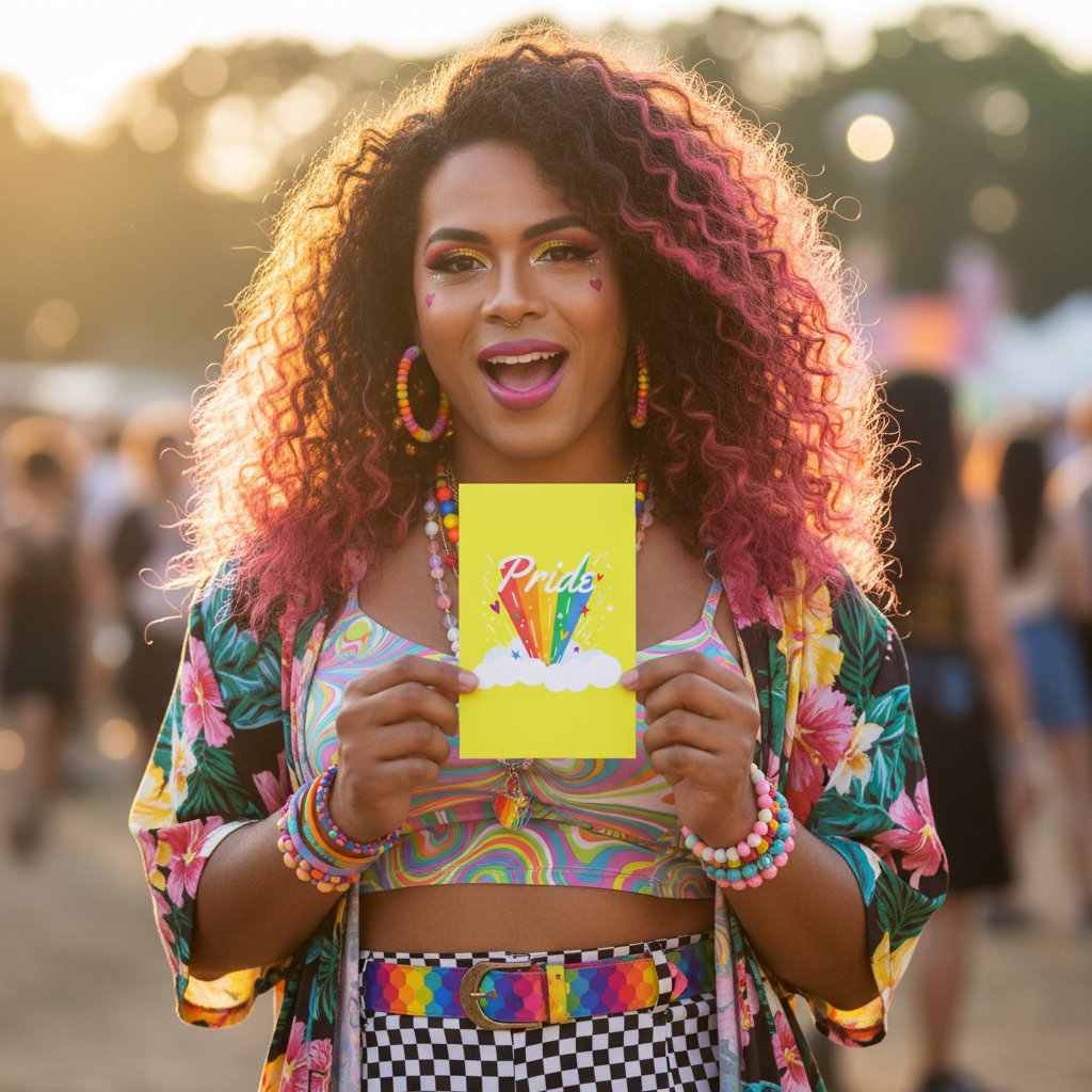 Pride Rainbow Postcard held by a person with ombre pink curls, rocking LGBTQ+ stickers, rainbow gear, heart face gems