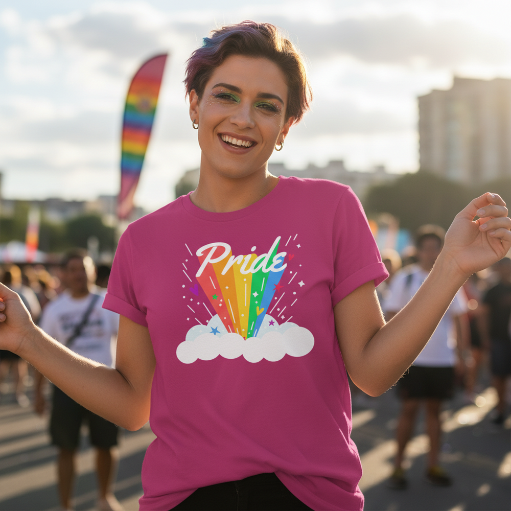 Bright pink Pride Rainbow T-Shirt with rainbow and clouds