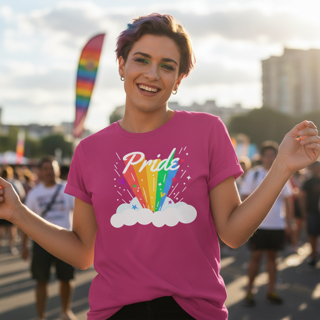 Bright pink Pride Rainbow T-Shirt with rainbow and clouds