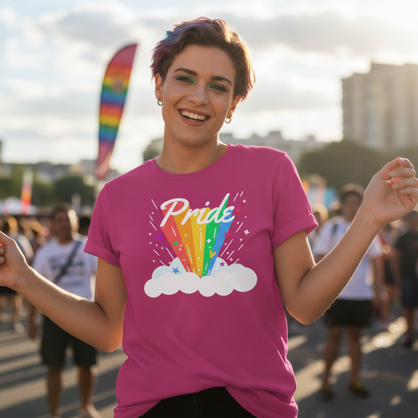 Bright pink Pride Rainbow T-Shirt with rainbow and clouds
