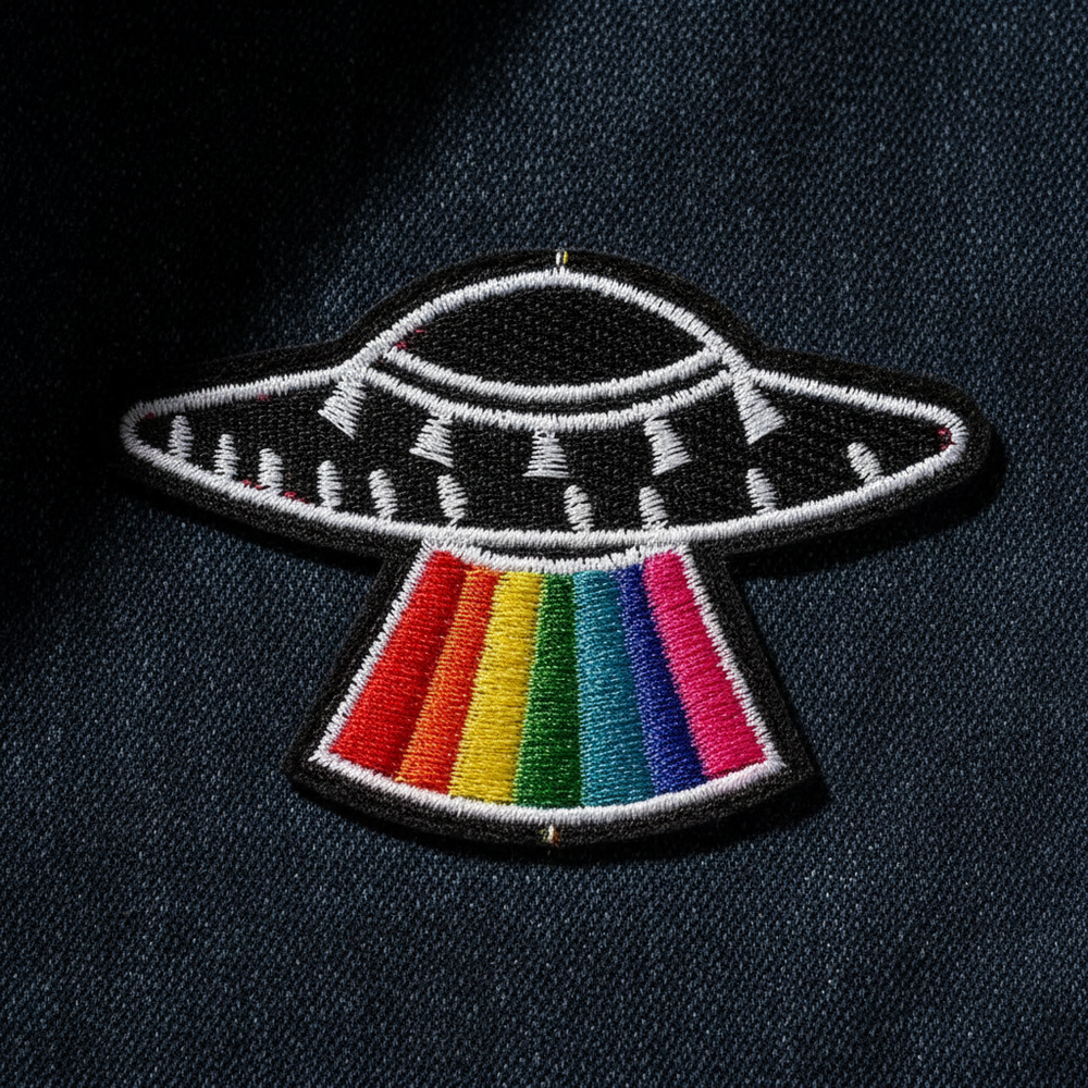 Close-up of an embroidered UFO patch with a rainbow beam on black fabric