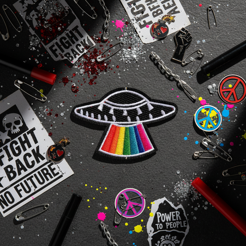 Pride rainbow UFO iron-on patch on dark background with protest stickers, peace signs, paint splatters, red pens, pins
