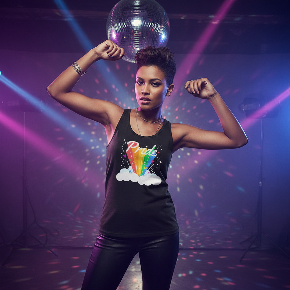 Black unisex tank top with rainbow and "Pride" over a cloud