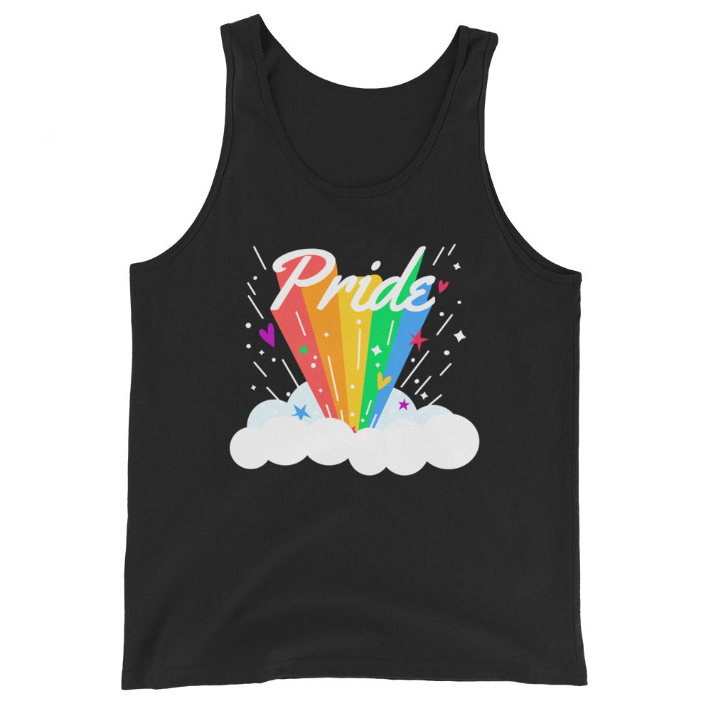 Front view of a black tank top with “Pride” over a colorful rainbow bursting from clouds