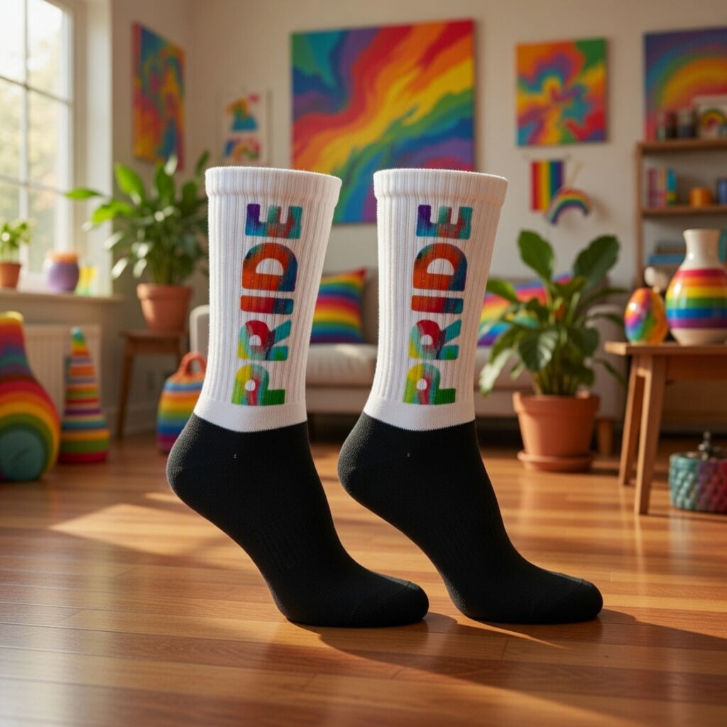 Black crew-length Pride Socks with white cuffs and “PRIDE” in rainbow letters on two feet, wood floor, rainbow pillows