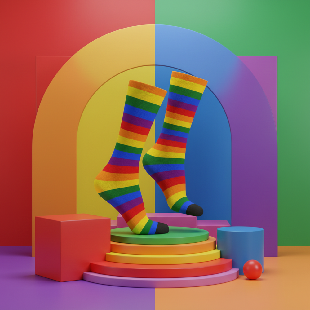 Pride Stride Rainbow Socks with rainbow stripes, black toes and heels