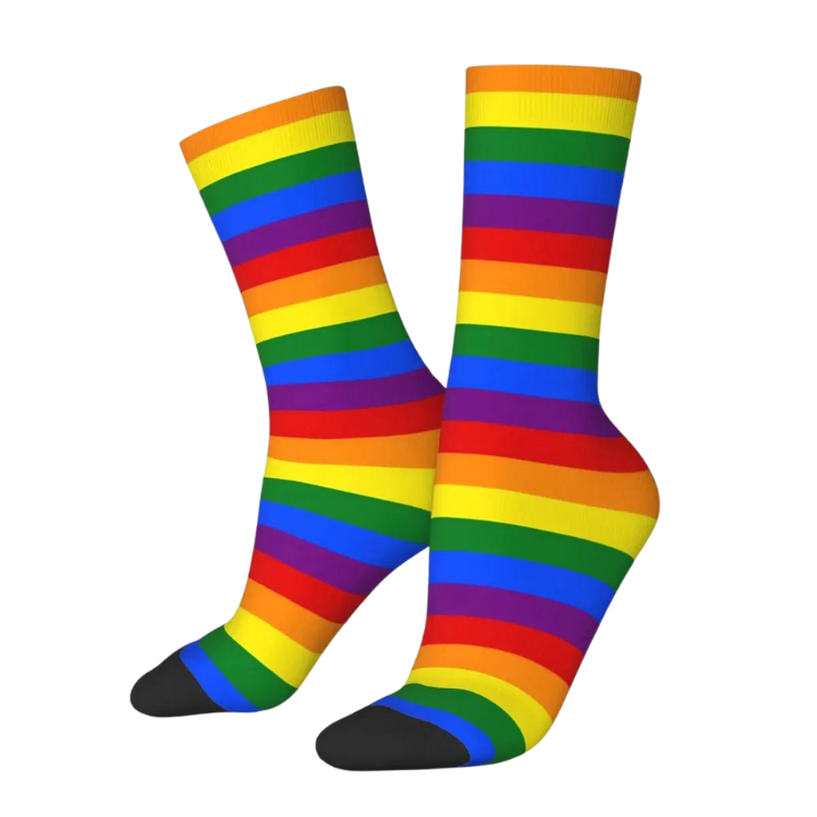 Pair of rainbow-striped crew socks with black toes, shown crossed on a white background
