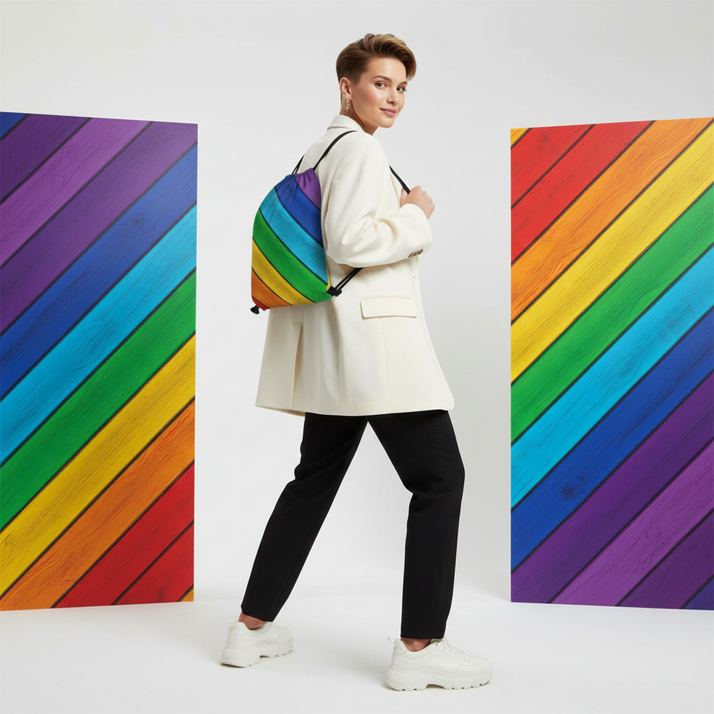 Pride Striped Drawstring Bag with bold rainbow stripes, held by someone between two rainbow panels