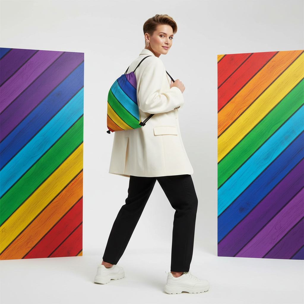 Pride Striped Drawstring Bag with bold rainbow stripes, held by someone between two rainbow panels