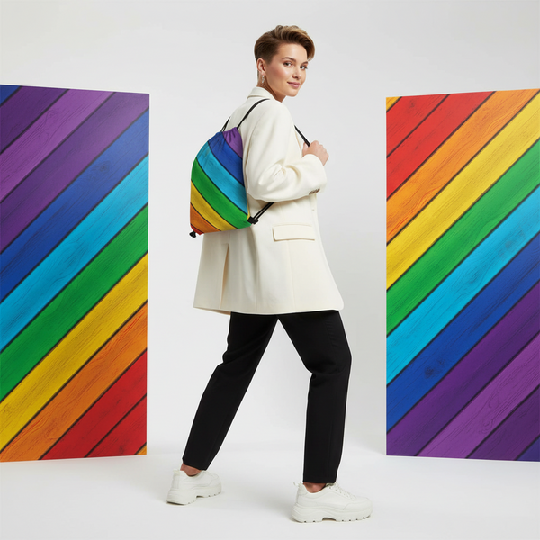 Pride Striped Drawstring Bag with bold rainbow stripes, held by someone between two rainbow panels