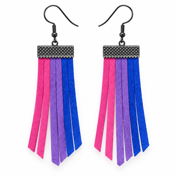 Pair of black hook earrings with pink, purple, and blue fabric tassels