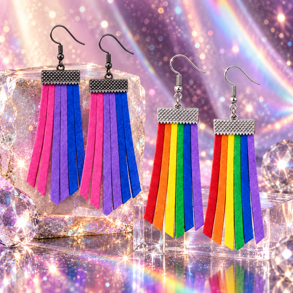 Four rainbow tassel earrings with textured metal caps, displayed on clear acrylic blocks