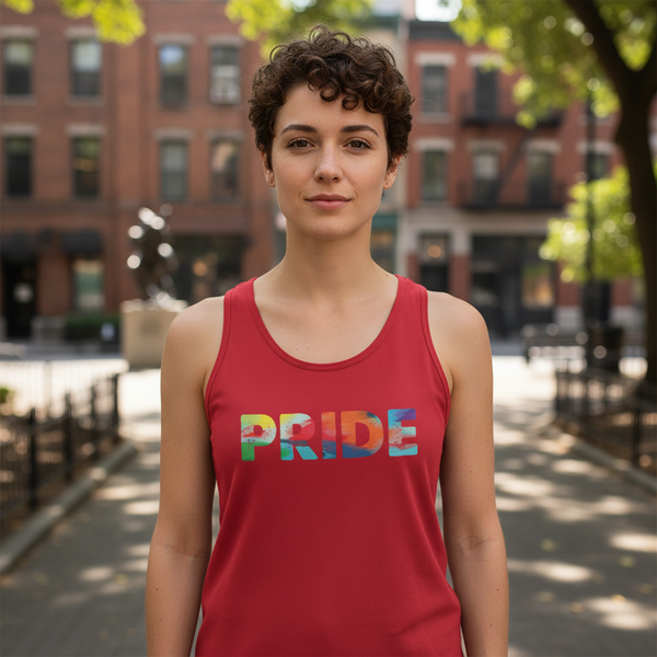 Pride Unisex Tank Top celebrating LGBTQ+ pride, worn by a curly-haired person outside in sunlight; brick buildings