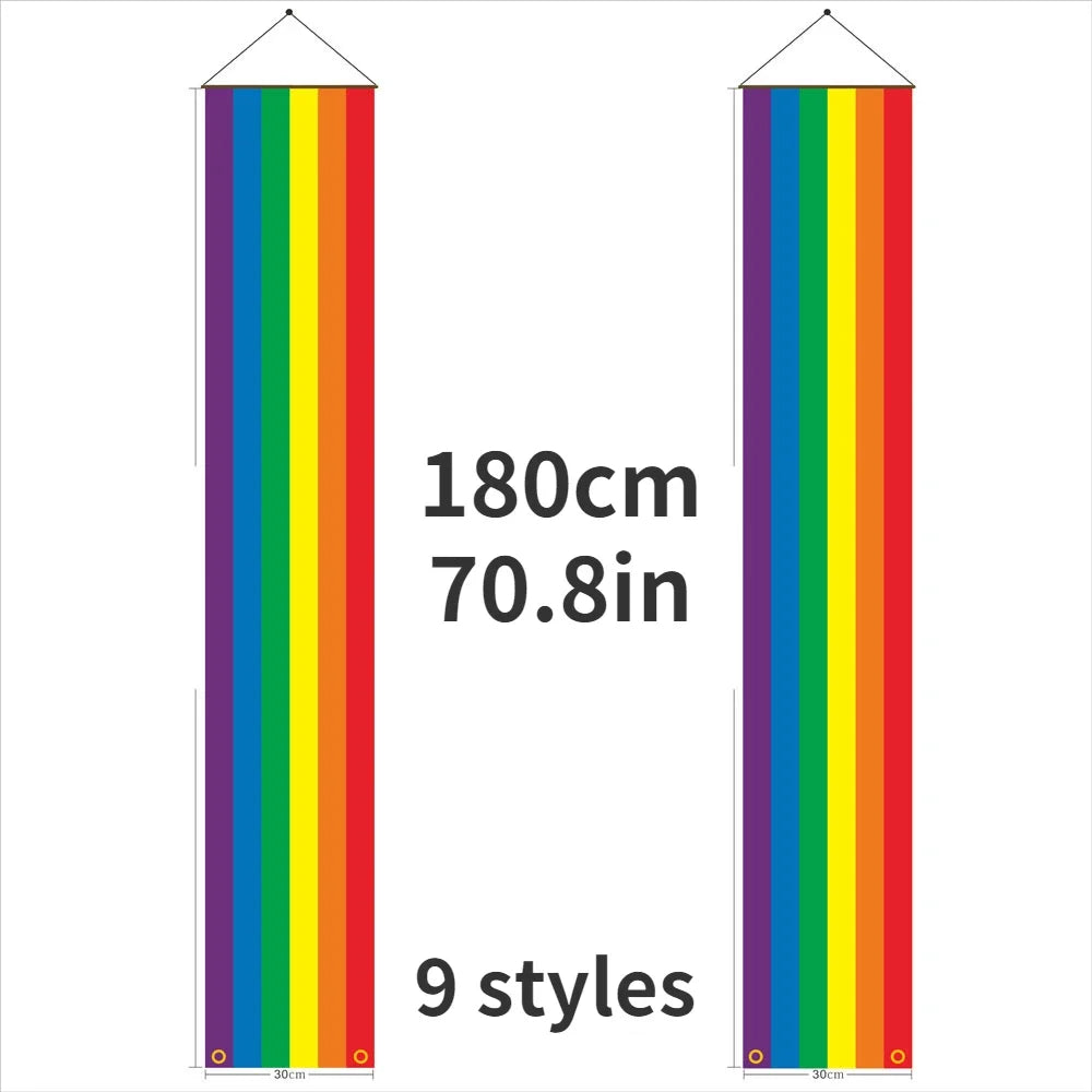 Two rainbow-striped hanging door banners shown side by side with 180 cm dimensions