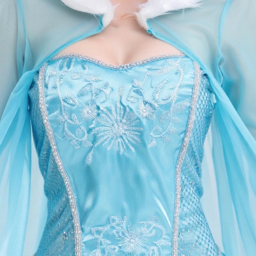 Close-up of a blue Elsa costume bodice with silver floral embroidery and sheer sleeves