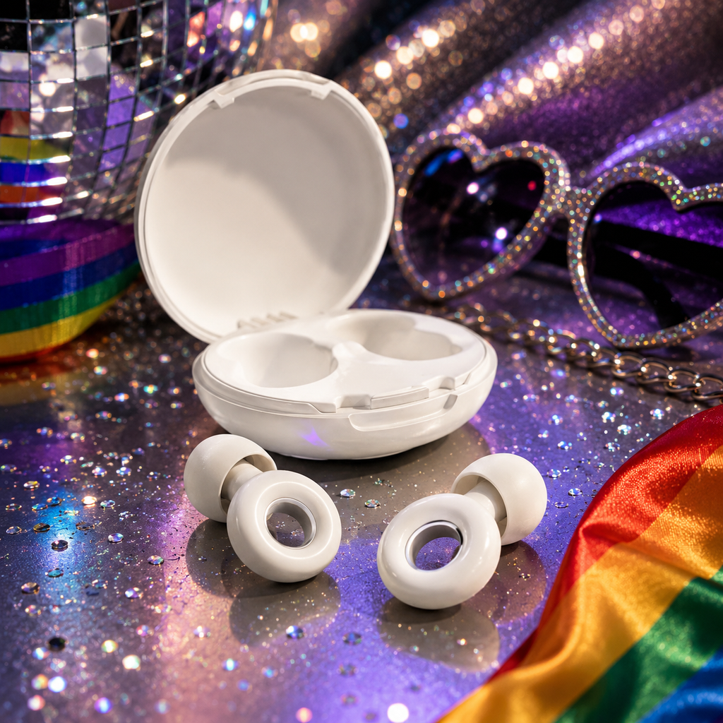 White earplugs and open charging case on a glittery rainbow-themed surface