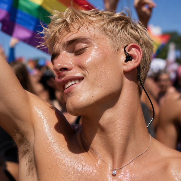 Close-up of a smiling person wearing a black earplug with a cord at a colorful outdoor event