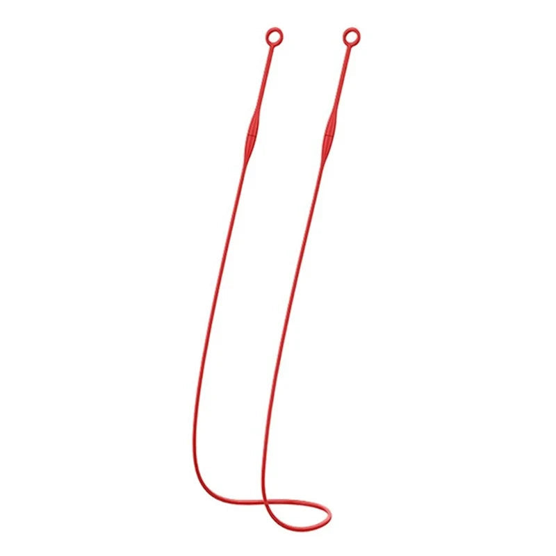 Red magnetic earplug lanyard shown laid out on a white background
