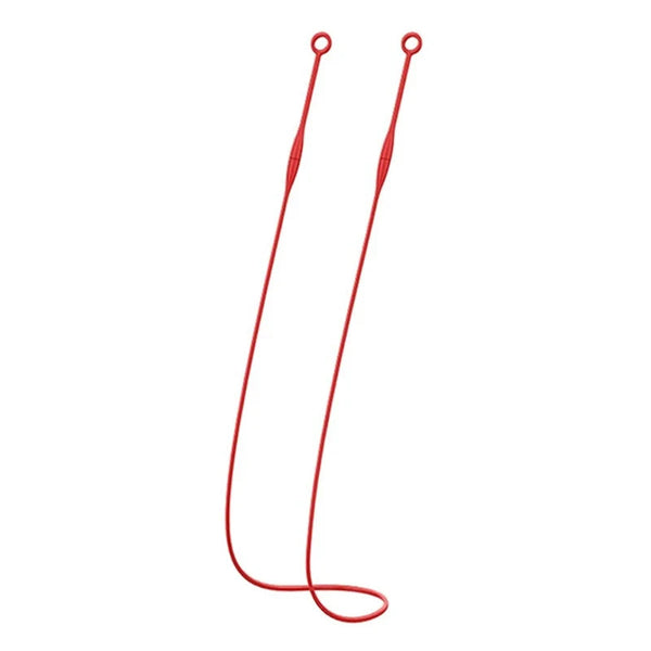 Red magnetic earplug lanyard shown laid out on a white background