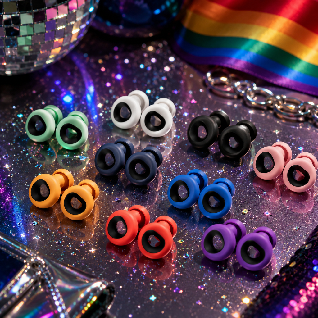 Flat lay of eight colorful pairs of ring-shaped earplugs on a glittery surface