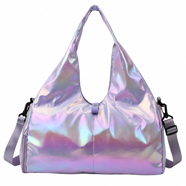 Front view of an iridescent lavender tote-style travel bag with shoulder straps