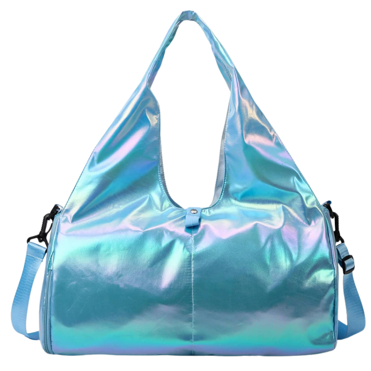 Iridescent blue and pink fitness travel bag with shoulder strap, shown front-facing