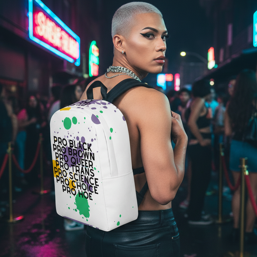 Minimalist backpack with "Pro Hoe" in bold black text, worn by a confident, platinum-blonde person on a neon-lit street