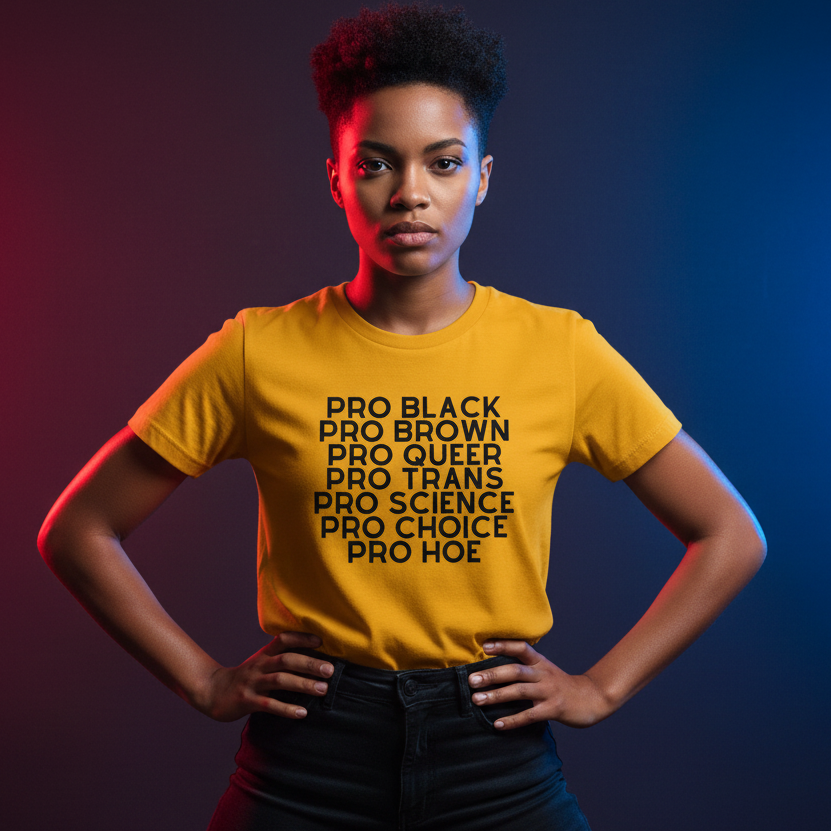 Yellow cotton Pro Hoe T-Shirt with bold black text: Pro Black, Pro Brown, Pro Queer, Pro Trans, Pro Science, Pro Choice