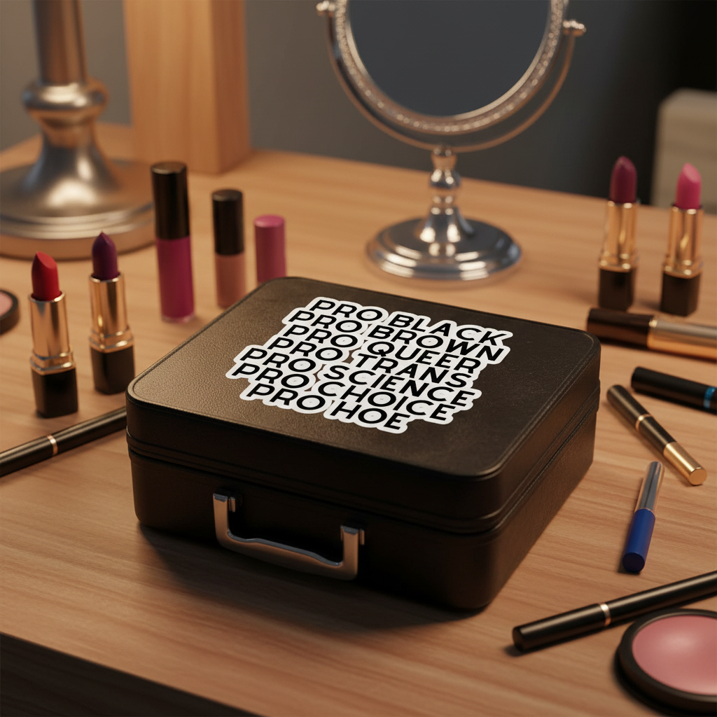 Black makeup case with bold white text on a chic vanity, surrounded by lipstick, brushes, and mirror