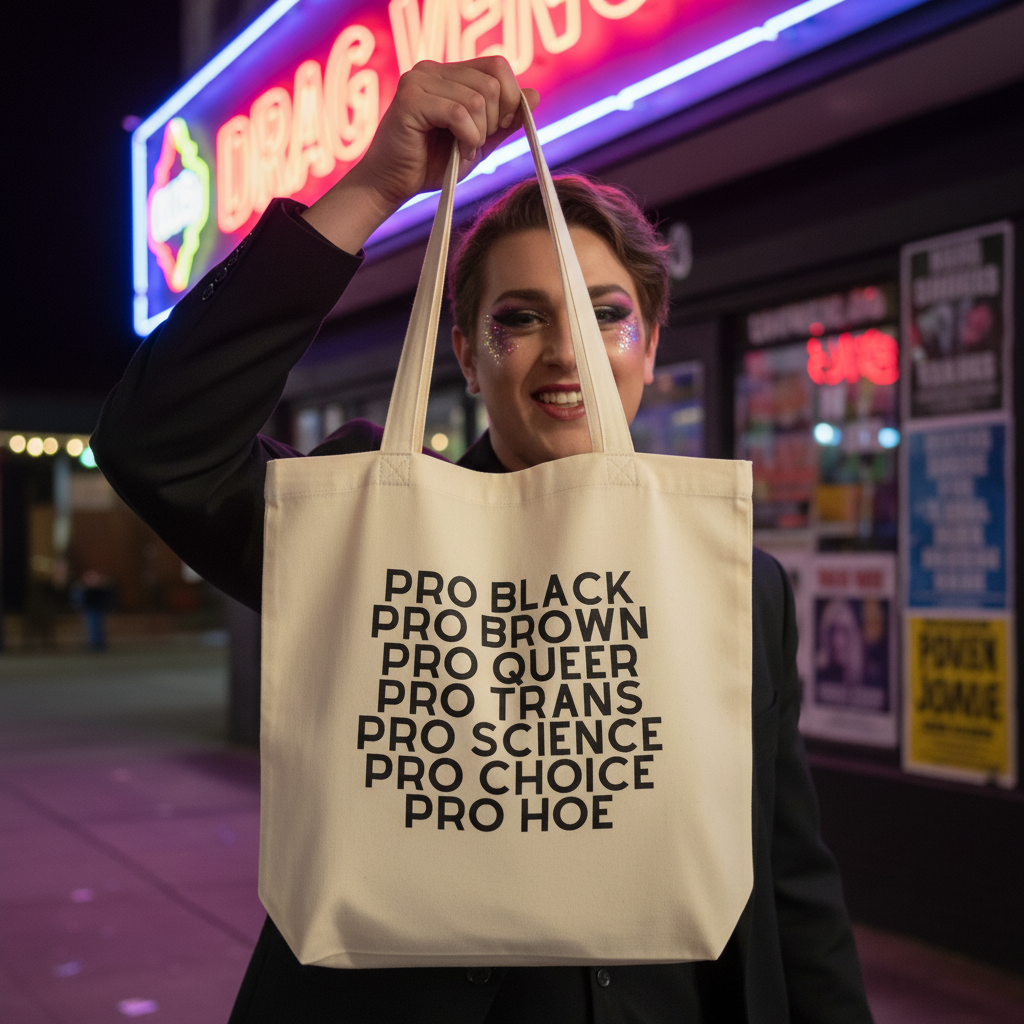Pro Hoe Eco Tote Bag in organic cotton, slogan PRO BLACK, PRO BROWN, PRO QUEER