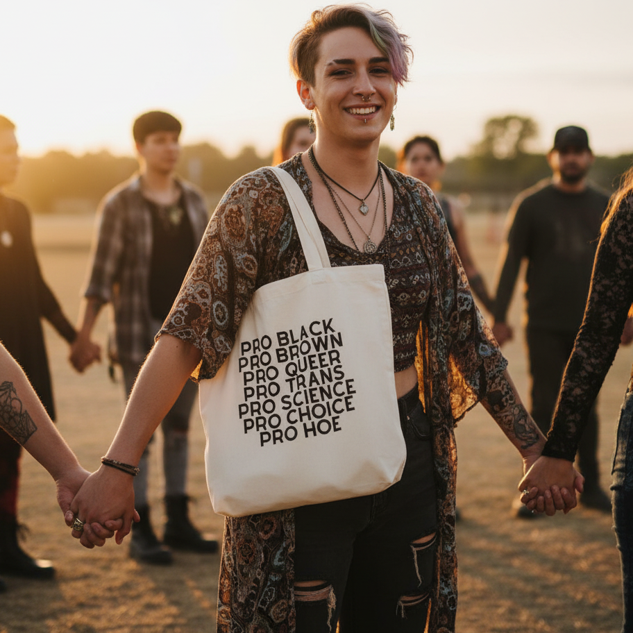 White tote bag printed with “PRO BLACK PRO BROWN PRO QUEER PRO TRANS PRO SCIENCE PRO CHOICE PRO HOE”