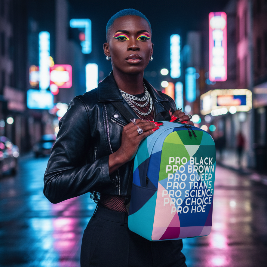 Person holding a colorful backpack reading “PRO BLACK PRO BROWN PRO QUEER PRO TRANS PRO SCIENCE PRO CHOICE PRO HOE”