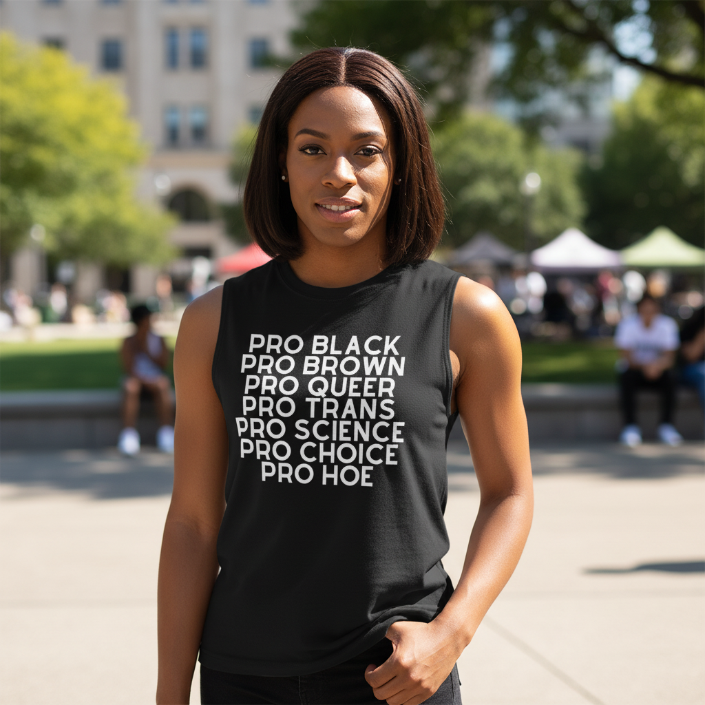 Pro Hoe Muscle Top: sleeveless black tee with bold white text, Pro Black, Pro Brown