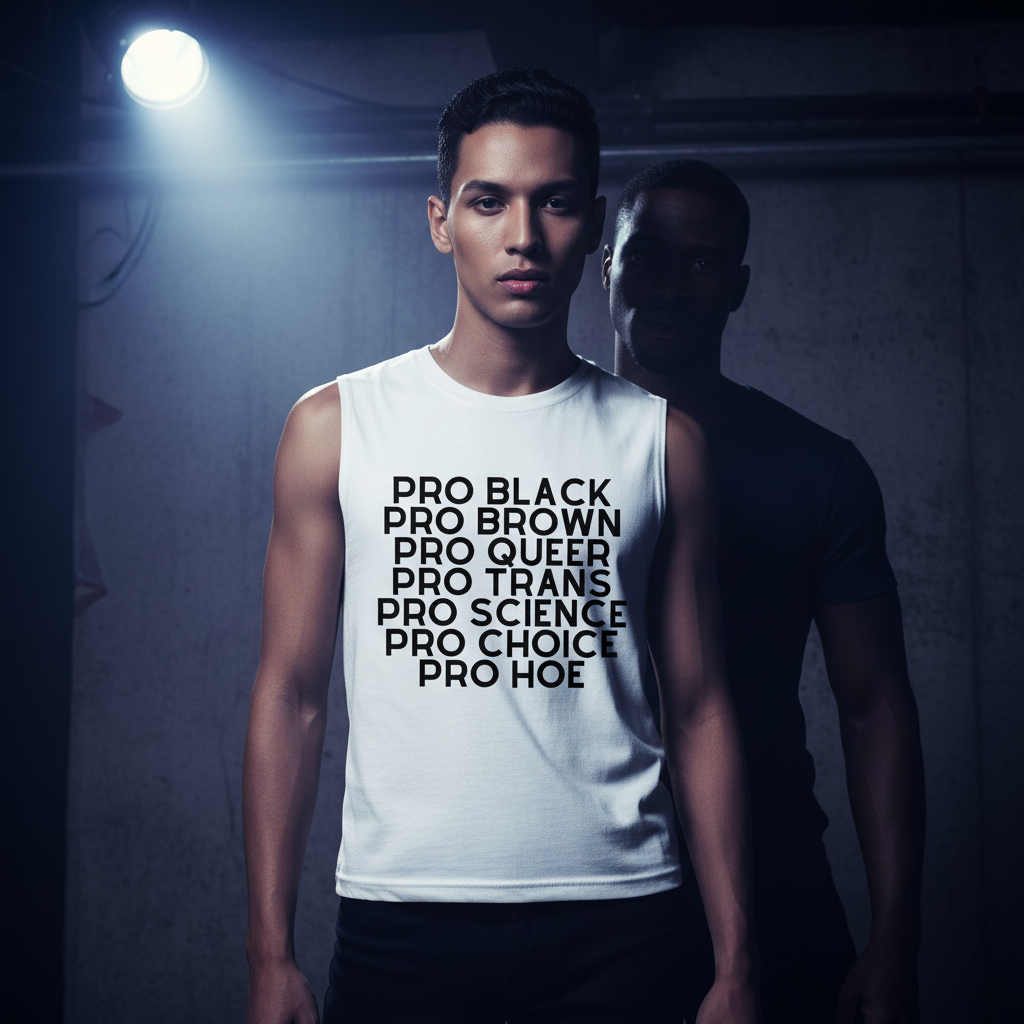 White Pro Hoe Muscle Top with “Pro Black, Pro Brown, Pro Queer” print